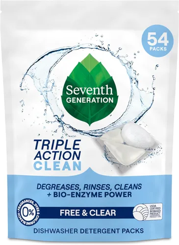 Seventh Generation Paquetes de detergente para lavavajillas de triple acción limpiadora automática con poder de bio-enzima, libre y transparente,
