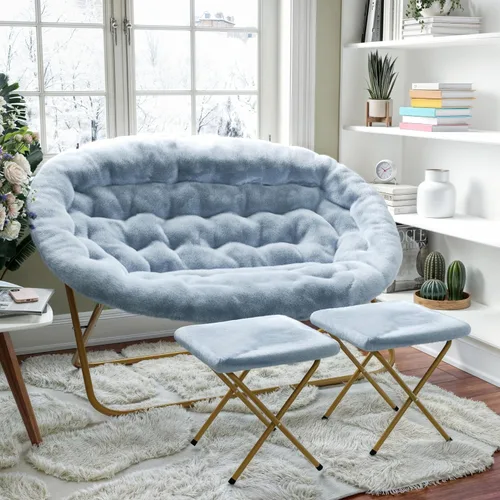 Miniatura 2 de Flash Furniture Eleanor - Silla portátil doble platillo con 2 otomanas, marcos de acero plegables, para dormitorio o dormitorio, 56 pulgadas, piel
