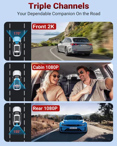 Miniatura 3 de Cámara de tablero 2K de 3 canales, cámara de tablero 2K+1080P frontal y trasera 360 Dual Dash Cam WiFi incorporado 2K+1080P+1080P Cámara triple