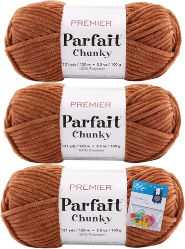 Miniatura 21 de Premier Yarns Parfait - Hilo de felpilla grueso, 3.5 onzas, peso súper voluminoso, paquete de 3 unidades con soportes para punto de Bella (chocolate)
