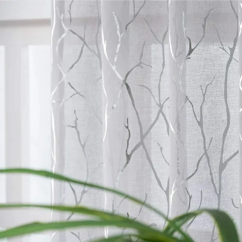 Miniatura 8 de FINECITY - Cortinas de plata traslúcidas de 45 pulgadas de largo - Cortinas impresas de ramas de árbol plateadas metálicas para ventana de cocina