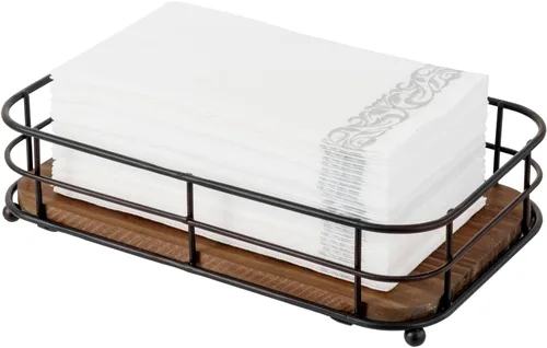 MyGift Toallero de papel plegado para baño, alambre de metal negro mate y madera maciza rústica marrón oscuro, accesorios de baño, bandeja de tocador