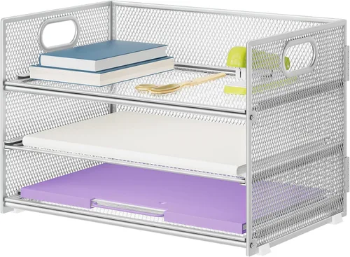 Miniatura 11 de Marbrasse Bandeja organizadora de papel de 3 niveles, organizador de archivos de malla con asa, organizador de escritorio clasificador de papel