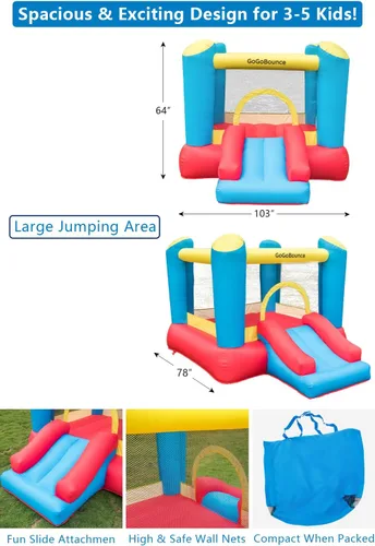 Miniatura 2 de Casa inflable de rebote fácil de instalar con tobogán acuático para niños, incluye soplador de aire, tela Oxford duradera, gorila para interiores