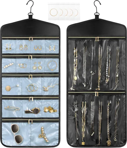 Miniatura 7 de CHICECO Organizador Soporte de Joyas de Viaje, Organizador de Joyas Colgante de Almacenamiento Con Bolsillos con Cremallera para Armario, Pared