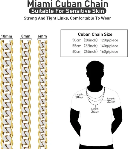 Miniatura 13 de YAMI Cadena de eslabones cubanos para hombre, azul/negro/oro de 14 quilates, acero inoxidable de 0.394-0.472 in de grosor, collar de cadena
