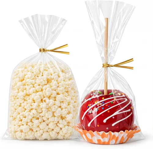 Wowfit 100 unidades de 6x10 pulgadas Bolsas de celofán transparentes planas con lazos dorados de 6 pulgadas, embalaje de celofán para envolver