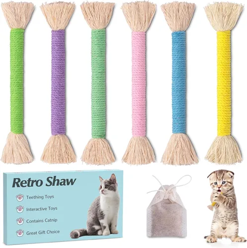 Retro Shaw 6 piezas de juguetes para gatitos, cuerda para masticar, juguetes seguros para gatos de interior, juguete interactivo recargable de