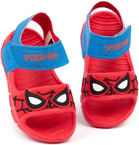 Marvel Sandalias Spider-Man para niños, deslizadores de superhéroes con correa de apoyo para niños pequeños, calzado rojo y azul