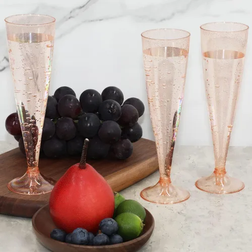 Miniatura 9 de Homy Feel Paquete de 30 copas de vino de plástico oro rosa con purpurina, copas de champán de 5 onzas desechables para fiestas, copas de champán