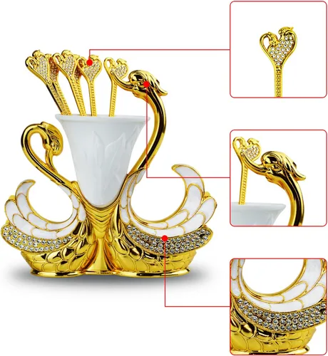 Miniatura 4 de Juego de cucharas con base de cisne dorado, cubiertos decorativos de cisne con 6 cucharas, cucharas de café, organizador para postres, helado