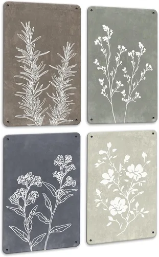 Drsoum Juego de 4 carteles de metal de pared bohemios, impresiones botánicas vintage, plantas retro, rústicas y antiguas, letreros decorativos para