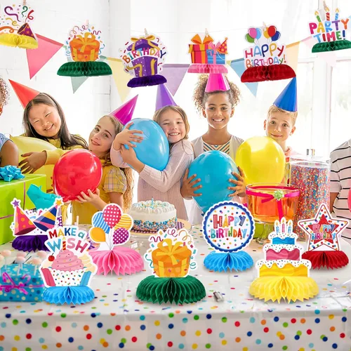 Miniatura 6 de NatNarr 12 piezas de decoración de mesa de cumpleaños, coloridos centros de mesa de feliz cumpleaños, centros de mesa de nido de abeja para niños