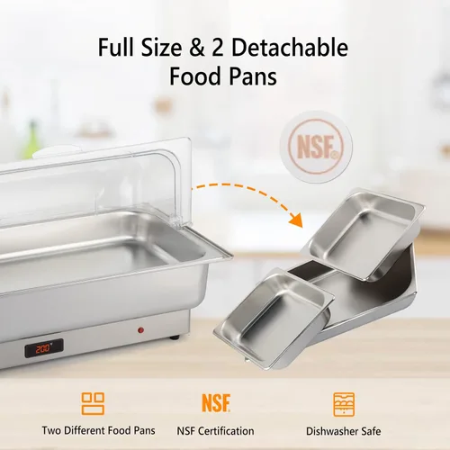 Miniatura 4 de ROVSUN Juego de bufé eléctrico de acero inoxidable de 9 cuartos de galón, NSF con tapa enrollable para catering, calentador de alimentos