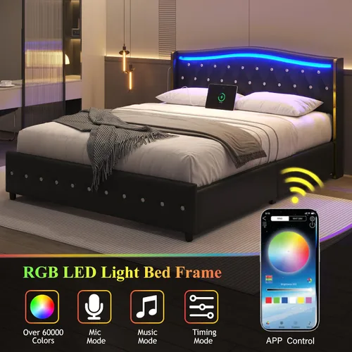 Miniatura 6 de E-Motie Base de cama tamaño completo con cabecera tipo wingback, plataforma tapizada con luces LED RGB, estación de carga, 4 cajones