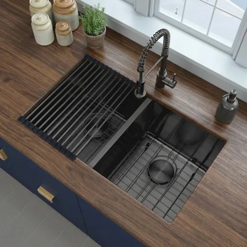 Miniatura 28 de LQS Fregadero de cocina dorado de 32 x 18 pulgadas, fregaderos de cocina empotrados, fregaderos de acero inoxidable de doble tazón 50/50
