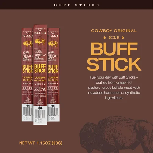 Miniatura 3 de Falls Family Ranches - Buff Sticks Cowboy Original (caja de cartón) - Suave - 0.32 oz de proteína - 0.00 oz de azúcar - 70 calorías - Paquete de 12