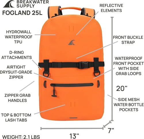 Miniatura 5 de Breakwater Supply™ Mochila impermeable IP68 sumergible con cierres herméticos Para portátil, viajes al aire libre Fogland 25L 20L 15L, 25 L