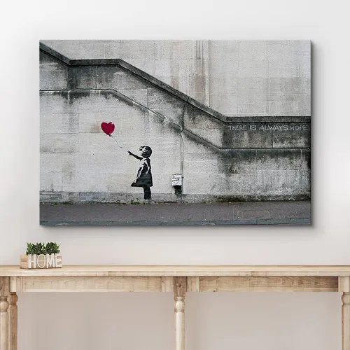 Miniatura 3 de Impresión sobre lienzo estampado Wall26 de Banksy Street, listo para colgar Siempre hay esperanza: globo de niña y corazón rojo