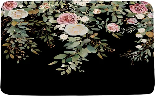 GCTNBJL Tapete de baño con diseño floral de hojas verdes, flores rosas, bohemio, botánico, tropical, hojas bohemias, plantas, naturaleza, negro,