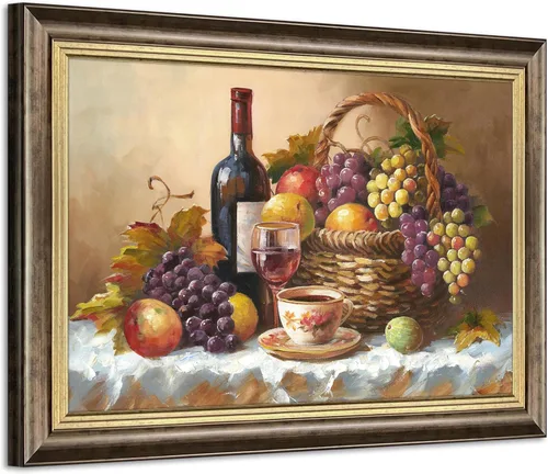 Miniatura 7 de ARTISTIC PATH Arte de Pared en Lienzo de Comida Retro - Cuadro Vintage de Frutas Burdeos Colorido Melocotón Uva Pintura Antigua Impresiones de Arte