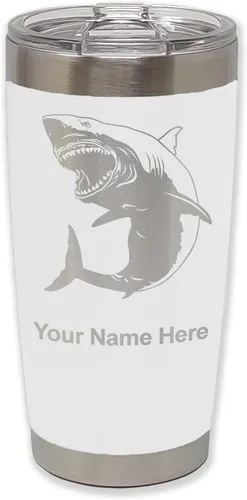 Miniatura 30 de LaserGram Vaso aislado al vacío de 20 onzas, gran tiburón blanco, grabado personalizado incluido (negro)