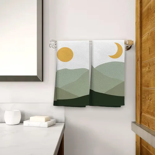 Miniatura 2 de OHSUL Juego de 2 paños de cocina abstractos bohemios con diseño de sol y luna, verde salvia, montaña verde salvia, altamente absorbentes, toallas