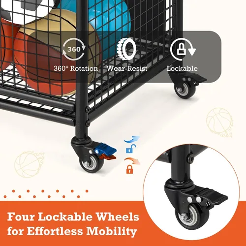 Miniatura 3 de AECOJOY Almacenamiento de carrito de bolas, cubo de baloncesto con ruedas para garaje, escuela, gimnasio, equipo deportivo y organizador