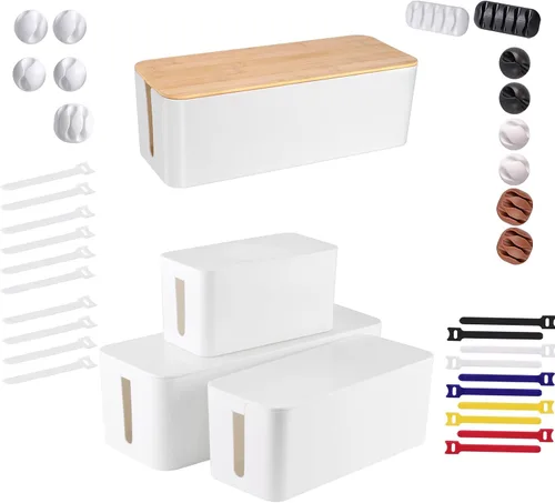 TuweChen Caja organizadora de cables grande de madera blanca, paquete de 3 con 18 unidades de organización de cables, cajas grandes, medianas y