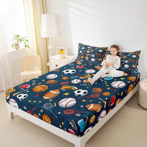 Miniatura 5 de Erosebridal Juego de sábanas de pelotas de tenis para niños y adolescentes, sábana bajera ajustable con temática de juego, sábana superior