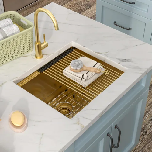 Miniatura 2 de Estación de trabajo para lavadero de 21 x 18 pulgadas, NANO-PVD dorado cepillado, acero inoxidable 304 de calibre 16, lavabo de fregadero individual
