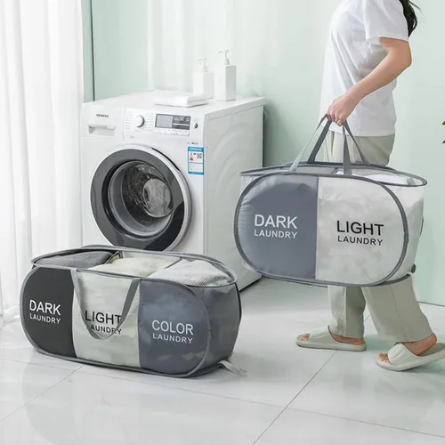 Miniatura 7 de Cesta plegable para la ropa sucia duradera con 2 compartimentos para clasificar y almacenar, cesta portátil para ropa sucia para dormitorio, cuarto