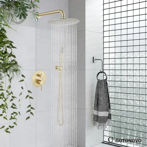 Miniatura 8 de gotonovo Sistema de ducha con cabezal de ducha de lluvia redondo de 10 pulgadas montado en la pared, conjunto de grifería de ducha de alta presión