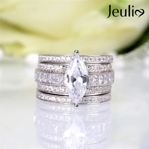 Miniatura 8 de Jeulia Juego de anillos de boda de 2 quilates de 3 piezas para mujer, anillos de compromiso de circonita cúbica de corte marquesa de plata de ley