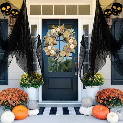 Miniatura 3 de Yunfan- Tela espeluznante de 9.84 yardas x 79 pulgadas + tela de araña para decoración de Halloween para fiestas en interiores, al aire libre