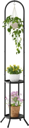 Soporte de metal para plantas de 2 niveles con gancho para colgar para plantas de interior y exterior, estante de exhibición de acero resistente