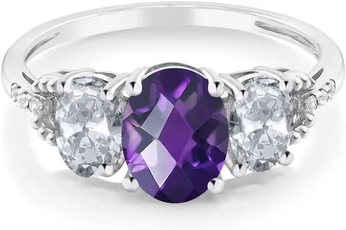Miniatura 37 de Anillo de compromiso ovalado de oro blanco de 10 quilates con piedra natal y topacio blanco de 3 piedras con detalles de diamante Centro de 0.315