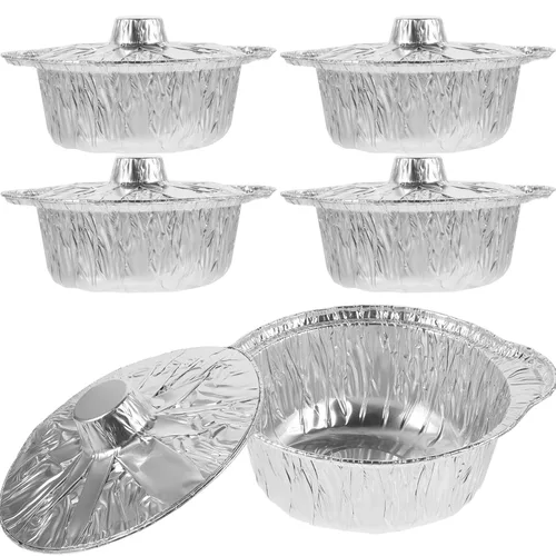 5 juegos de sartenes redondas de aluminio con tapa, 60.9 fl oz, bandeja de papel de aluminio para hornear, olla de camping, utensilios de cocina de