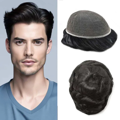 Miniatura 109 de Toupee For Men Real Human Hair System Mens Hair Piece Breathable Mens Toupee Durable Men Hairpiece 6X8#1 Jet Black 80% Density