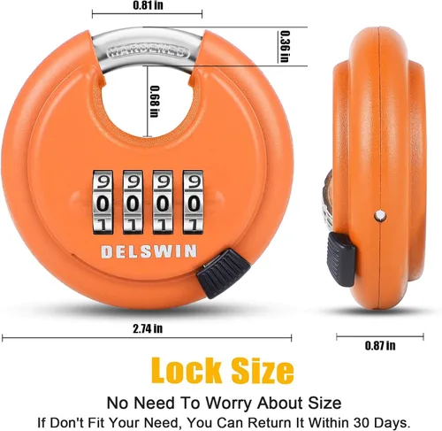Miniatura 3 de DELSWIN Cerradura de combinación de disco de 4 dígitos para exteriores, candados de combinación resistentes con grillete de acero endurecido Naranja