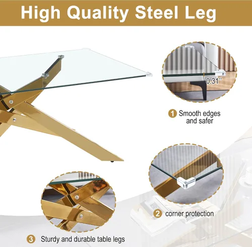 Miniatura 5 de Mesa de centro rectangular moderna de cristal, mesa central de vidrio templado y patas de metal chapado en oro para sala de estar, oficina en casa