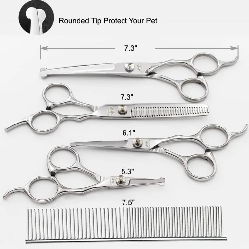 Miniatura 2 de Kit de tijeras de aseo para perros con punta redonda, tijeras 6 en 1, tijeras de aseo de mascotas de acero inoxidable, rectas, curvas, tijeras