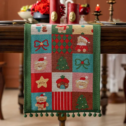 Camino de mesa navideño con borlas de pompones, decoración de mesa de mezcla de lino y algodón para mesa de comedor, tocador, chimenea y