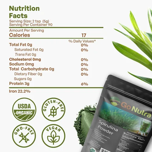 Miniatura 6 de Go Nutra Spirulina en polvo orgánico Superalimentos puros sin OMG para antioxidantes, minerales, ácidos grasos, fibra y proteínas, apto