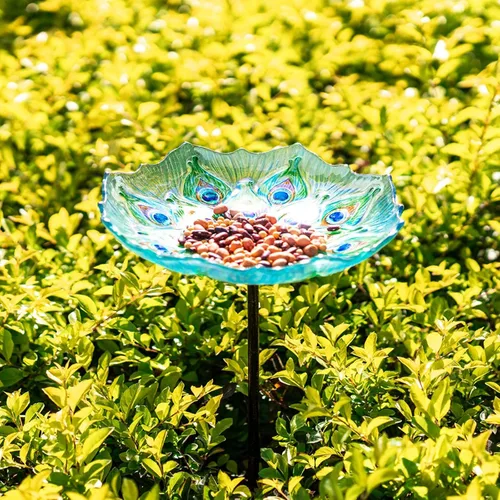 Miniatura 4 de MUMTOP - Bañera de cristal para pájaros, para jardín y exteriores, bañera o comedero de aves, con estaca de metal, estilo pavo real