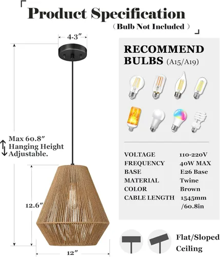 Miniatura 3 de ELYONA Lámparas colgantes tejidas modernas boho lámpara colgante con pantalla de canasta de ratán tejida a mano de 12", luminarias colgantes