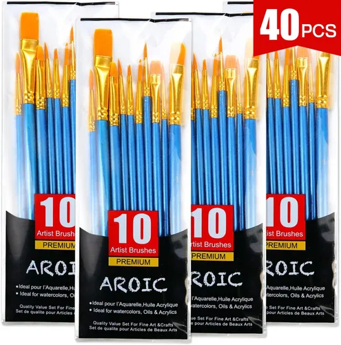 Juego de pinceles de pintura acrílica, 4 paquetes/40 cepillos de pelo de nailon para todo uso, óleo, acuarela, pintura, artista, kits profesionales