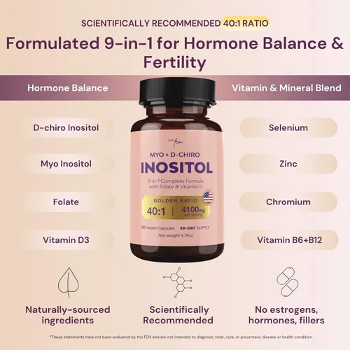 Miniatura 3 de QSTA Suplemento de mio-inositol y D-Chiro inositol para mujeres 4100 mg (proporción 40:1) - Soporte hormonal y metabólico 9 en 1 con folato