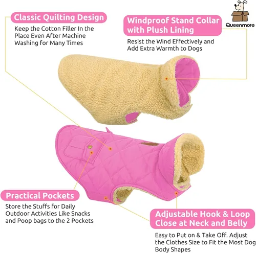 Miniatura 2 de Queenmore Abrigo de invierno para perro, chaqueta de vellón, ropa impermeable para perros para clima frío, acolchado de algodón grueso y cálido, Rosa