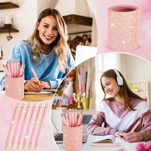 Miniatura 7 de BBTO Portabolígrafos de Lentejuelas Brillantes con 6 Bolígrafos de Clic de Lentejuelas, Bonitos Bolígrafos Retráctiles con Purpurina, Vasos